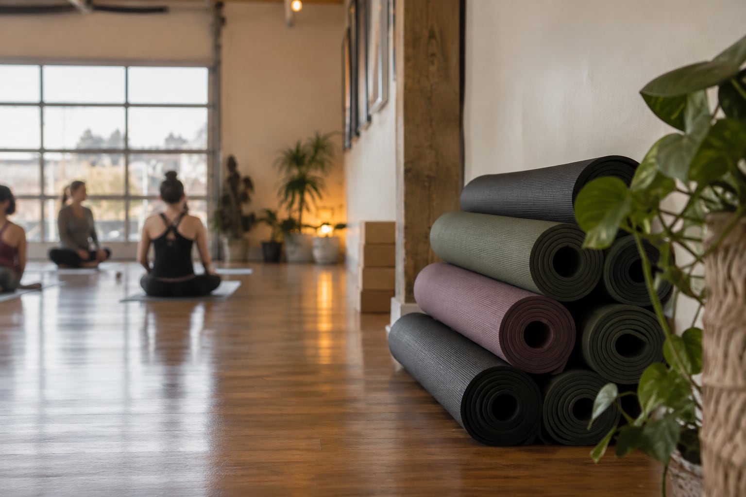 Rolled yoga mats stacked upright against a pale wall