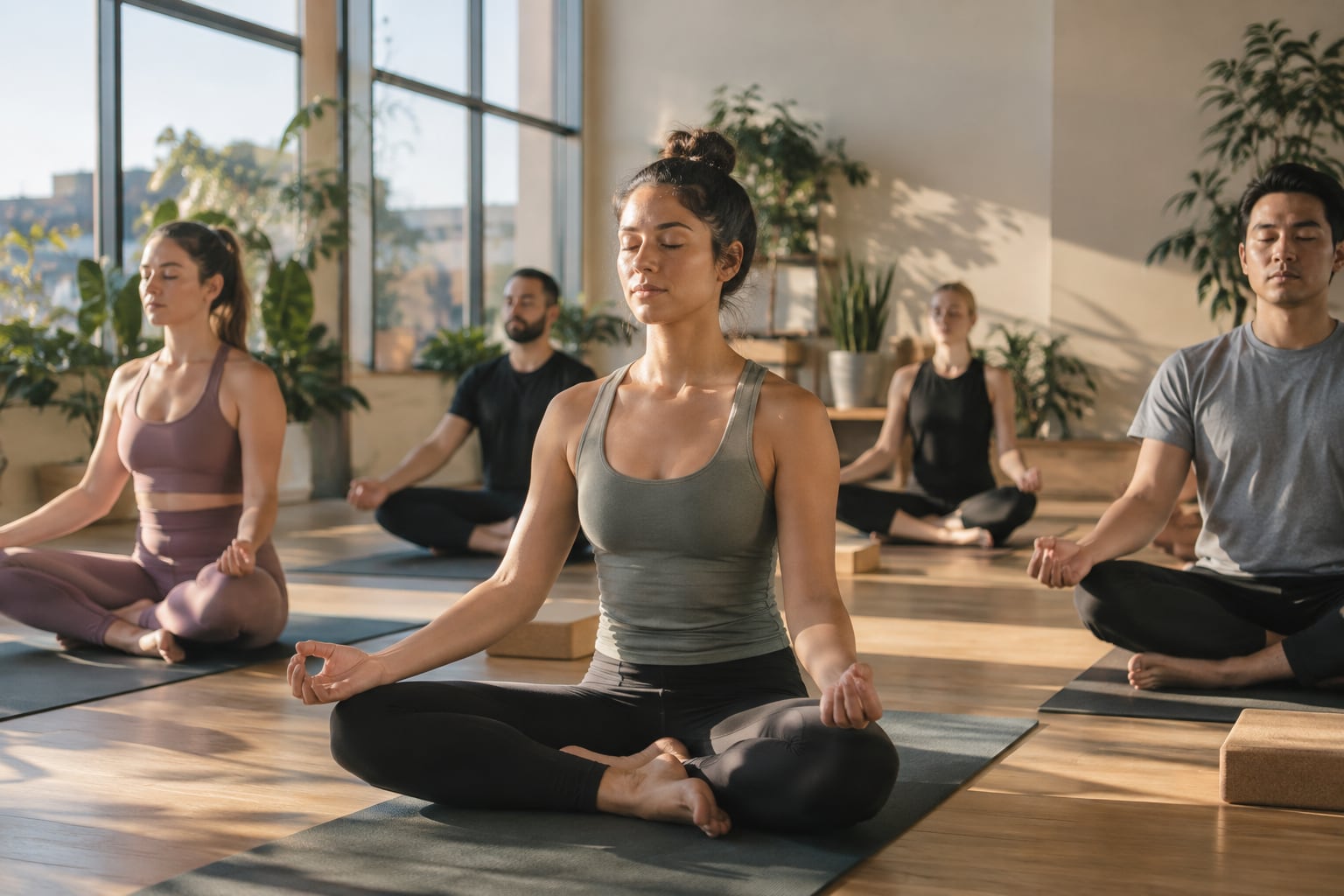 Students sitting cross-legged on their mats in soft morning light